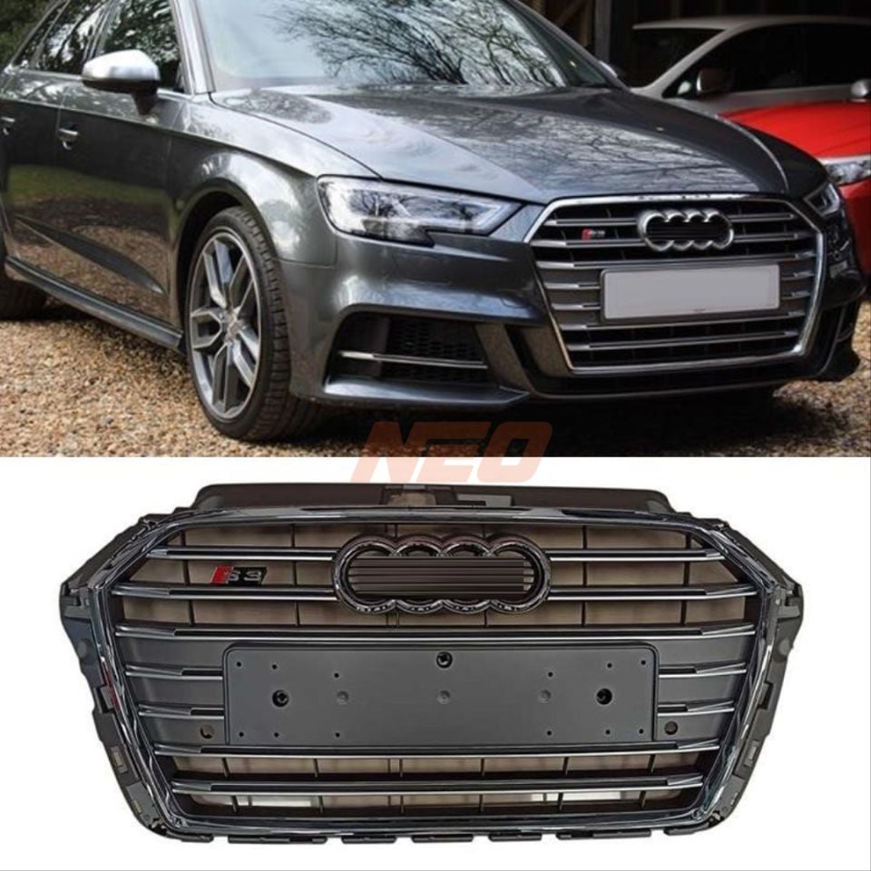 Audi A3 8V Makyajlı S3 Çift Çıtalı Ön Panjur Gri / Krom Çerçeveli