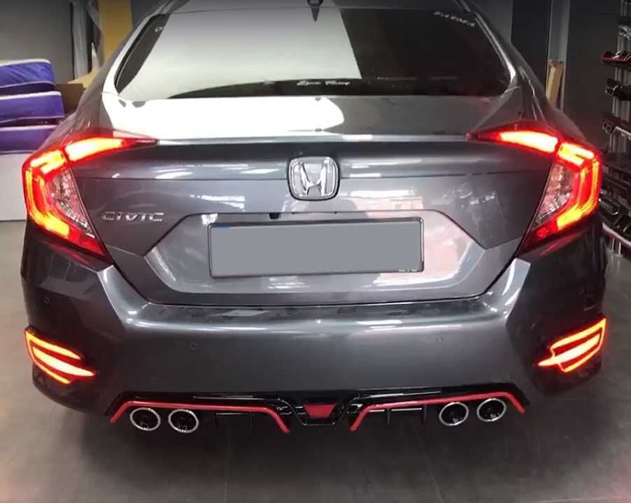 Honda Civic FC5 Sedan 4 Çıkışlı Kırmızı Şeritli Arka Tampon Difüzörü